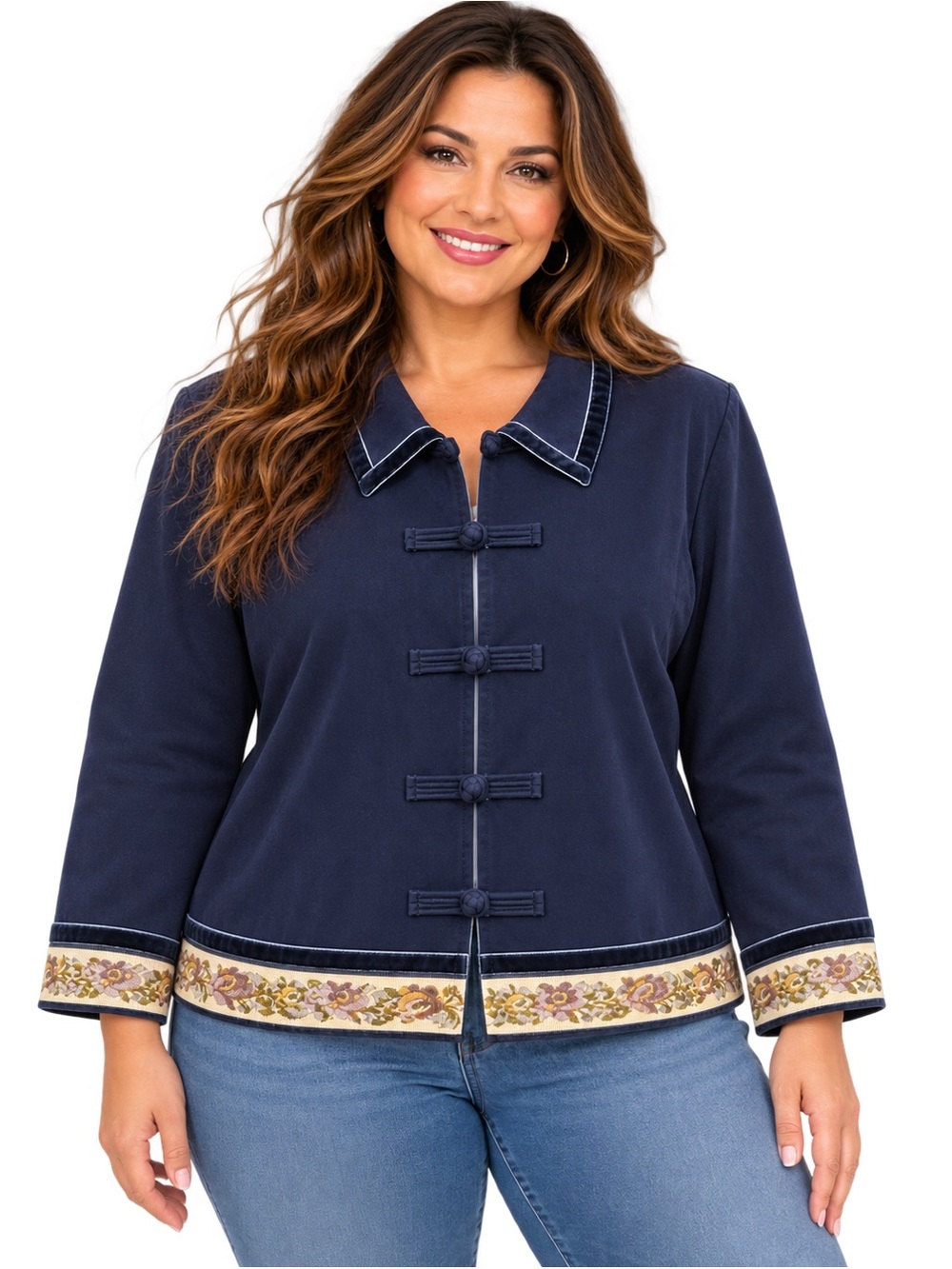 Amanda Smith Petite Jacket 12P Navy Asian Frog Closure Floral Trim Velvet
